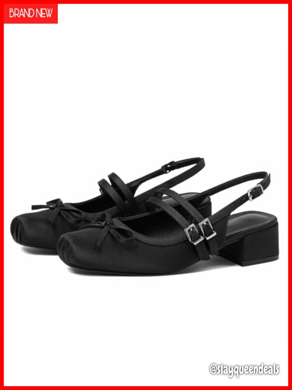 Satin Mary Jane Slingback Ballet Flats Low Block Heel Square Toe